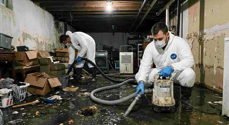 Technicians in protective gear cleaning contaminated water