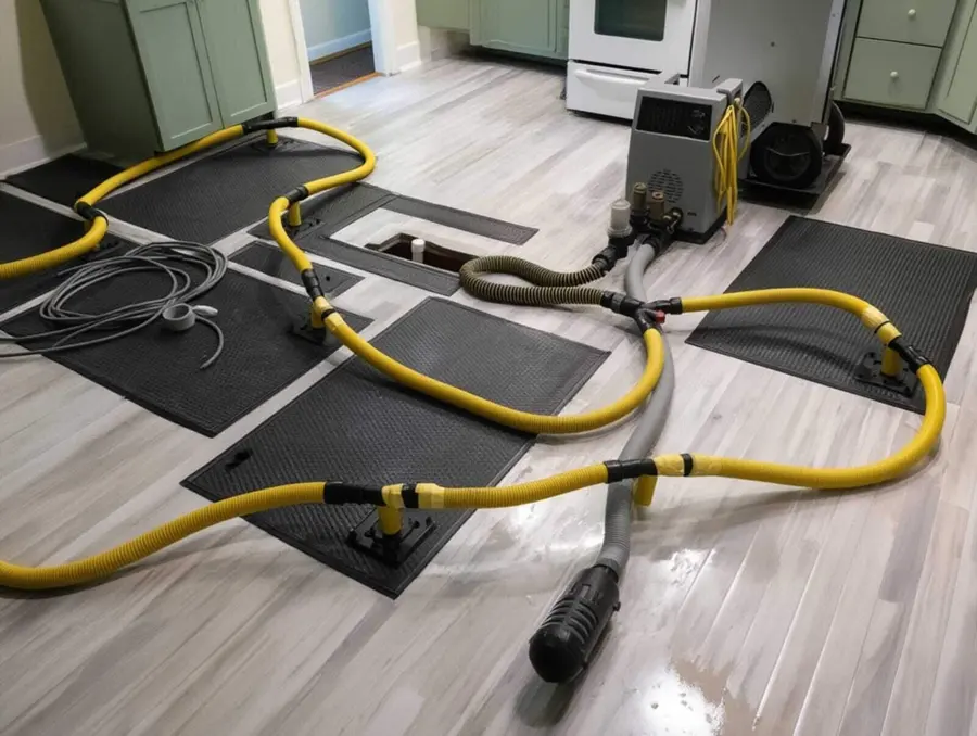 Floor drying mats and hoses set up after a water loss